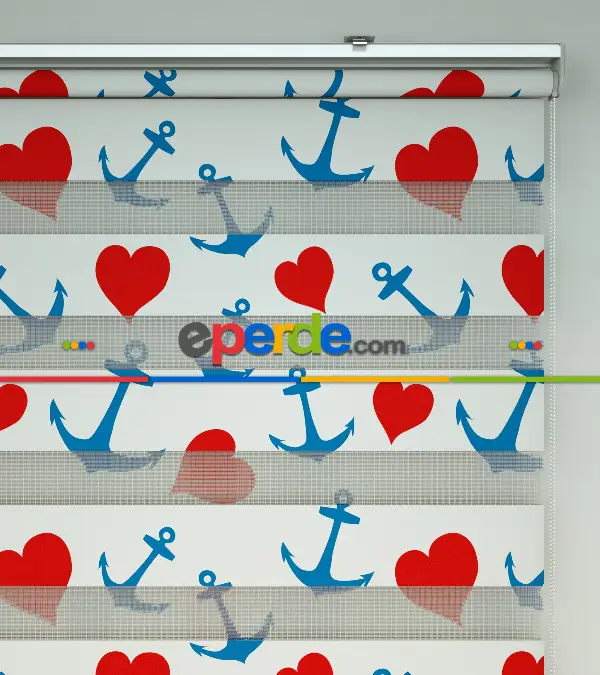 Bebek Odası Zebra Perde - Kalp Ve Çapa Baskılı Zebra Perde- Mavi-Kırmızı-Beyaz