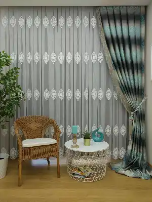 Renk Geçişli Jakar Damask Desenli Salon Fon Perdesi - Lacivert - Mavi - Bej ( Kendinden Saçaklı)- Bej-füme-turkuaz