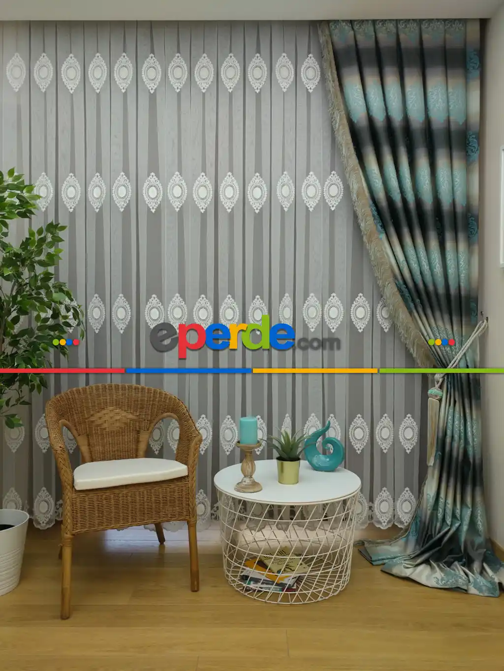 Renk Geçişli Jakar Damask Desenli Salon Fon Perdesi - Lacivert - Mavi - Bej ( Kendinden Saçaklı)- Bej-füme-turkuaz
