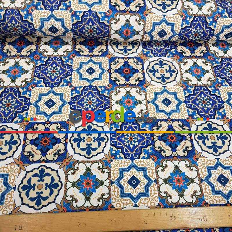 Etnik Desenli Fon Perde Evm400 _e - Kumaşı Kalındır Duck Bezi Değildir.- Lacivert-Mavi-Beyaz-Çok Renkli
