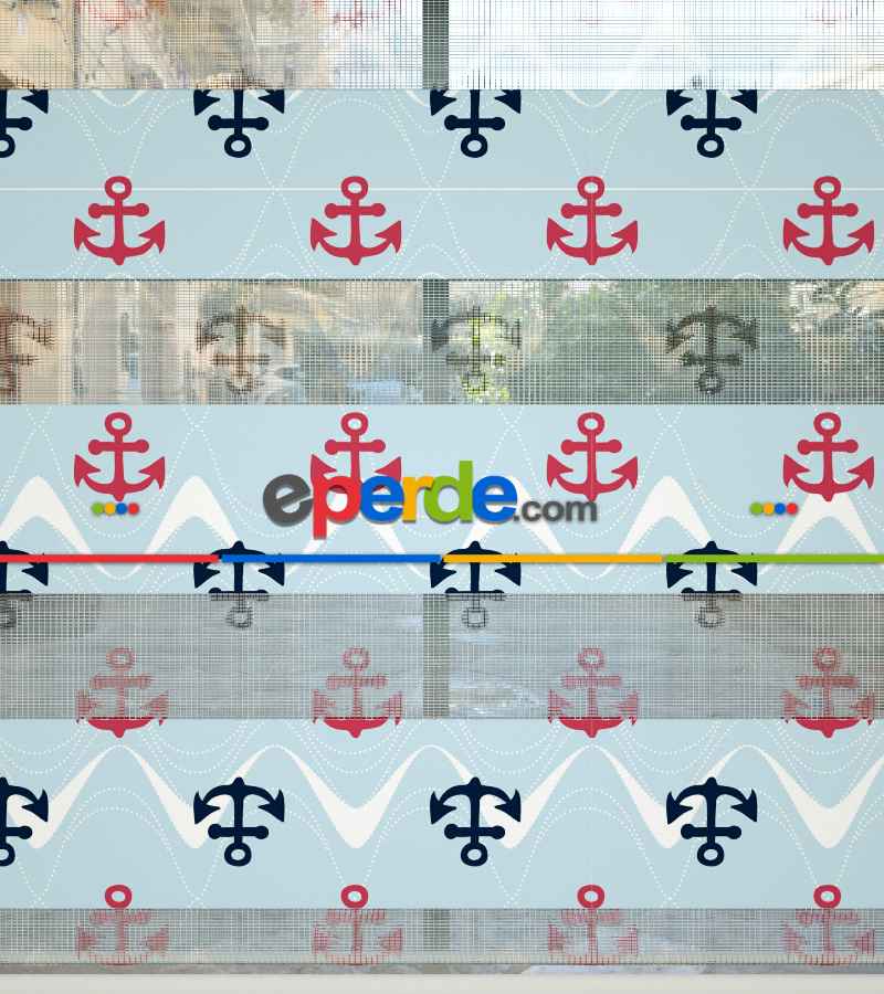 Bebek Odası Zebra Perde - Çapa Desenli Baskılı Zebra Perde- Çok Renkli