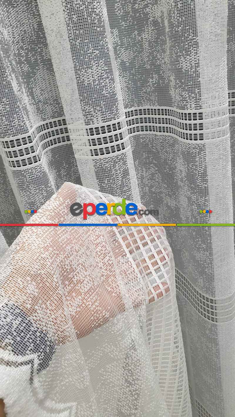 Spor Desen Tül Perde - Karlı Kareli Geometri Desenli - Ekru Açık Krem - Örme Tül