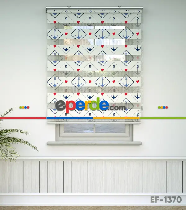 Çapa Ve Kalp Desen Baskılı Zebra Perde- Lacivert-mavi-kırmızı