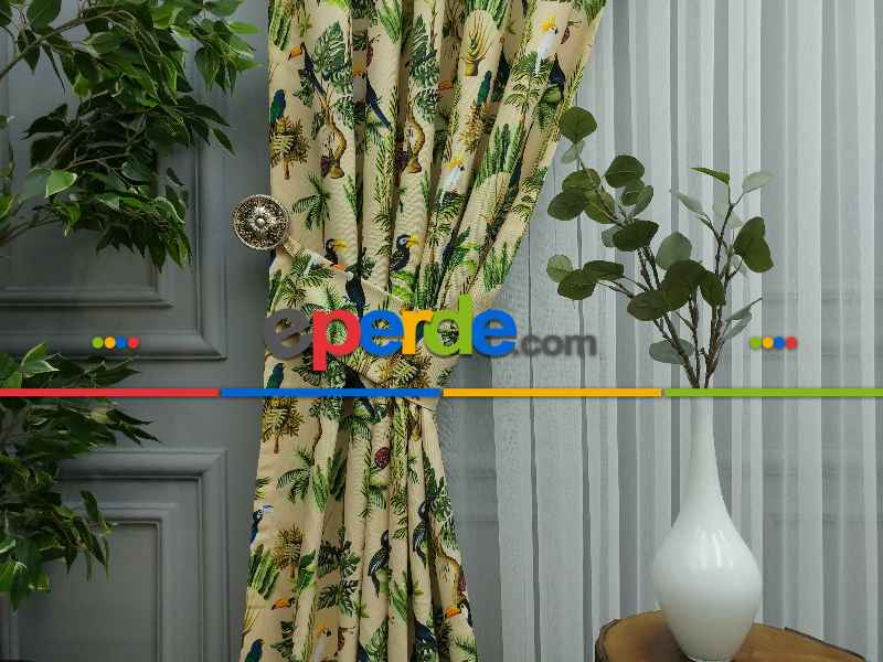 Mutfak Perdesi Kanat Fon Perde Desenli- Mavi