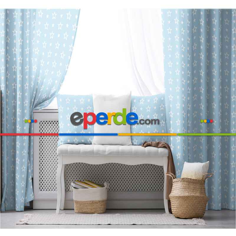Erkek Çocuk ve Bebek Odası Fon Perde - Yıldız Desenli - Mavi Beyaz