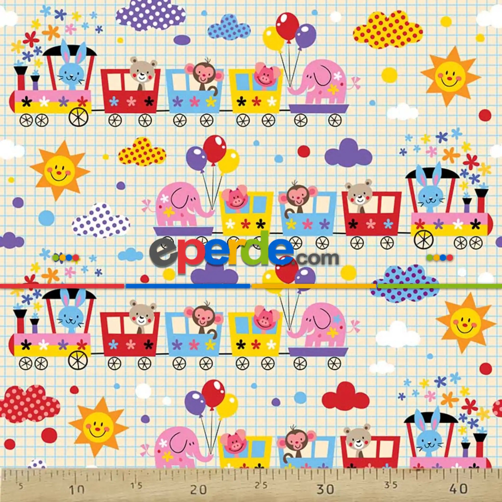 Bebek Odası Fon - Renkli Tren Desenli Fon Perde Evm695 Kumaşı Kalındır Duck Bezi Değildir- Kırmızı