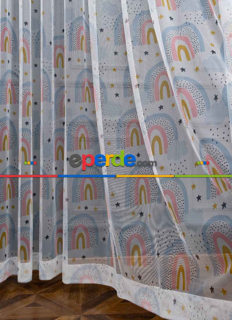 Petek Zemin Mavi Pembe Renkli Gökkuşağı Desenli Grek Baskılı Tül Perde