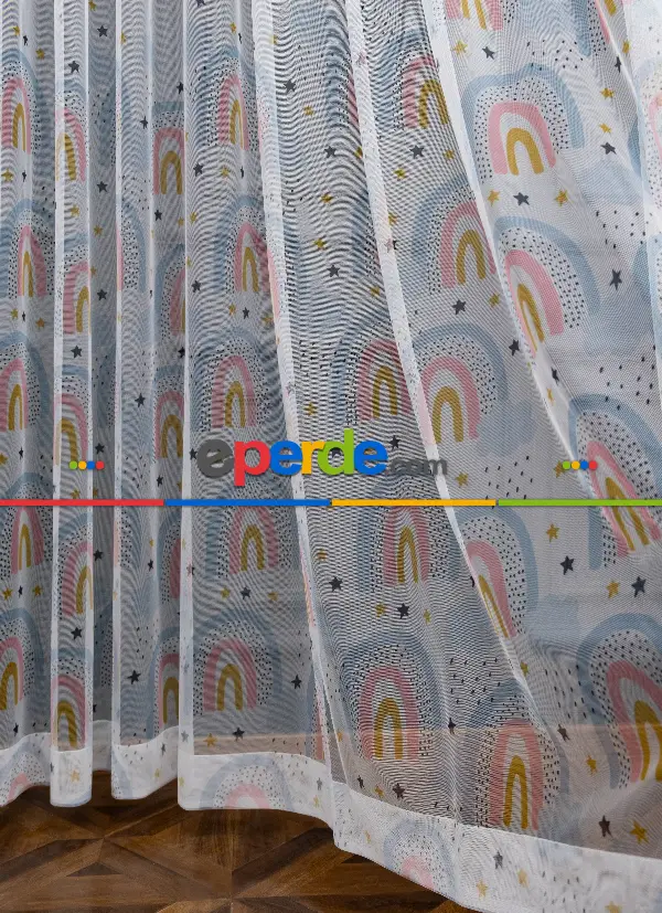 Kız Çocuk Odası Tül Perde - Mavi Pembe Renkli Gökkuşağı Desenli Tül Perde