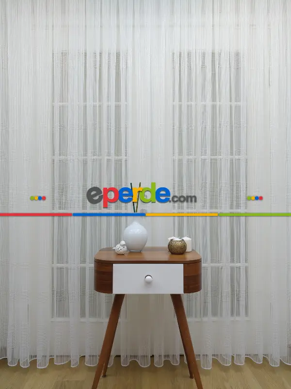 Ekru Zincir Çizgili Tül Perde- Ekru - Kurşunlu Tül