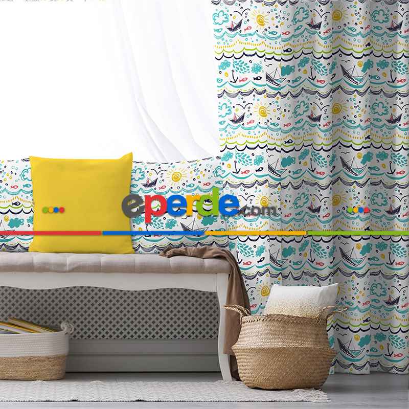 Çocuk Desenli Fon Perde Evim855 Kumaşı Kalındır Duck Bezi Değildir- Mavi-beyaz