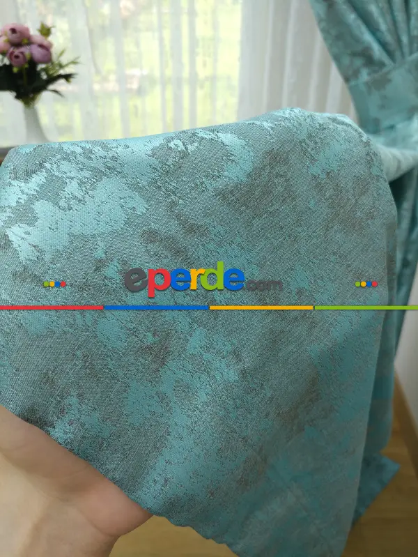 Patine Desenli Turkuaz - Katyonik Jakar Fon Perde- Turkuaz