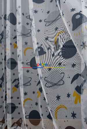 Hazır Ölçülü Petek Zemin Gri Ve Sarı Renkli Gezegenler Desenli Grek Baskılı Tül Perde