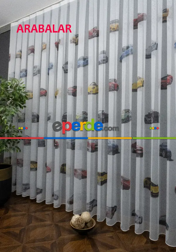 Çocuk Odası - Arabalar Desenli Modern Tül Perde - Elit Ürün