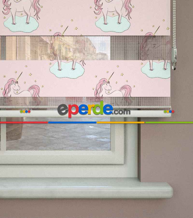 Unicorn Desenli Baskılı Zebra Perde- Çok Renkli