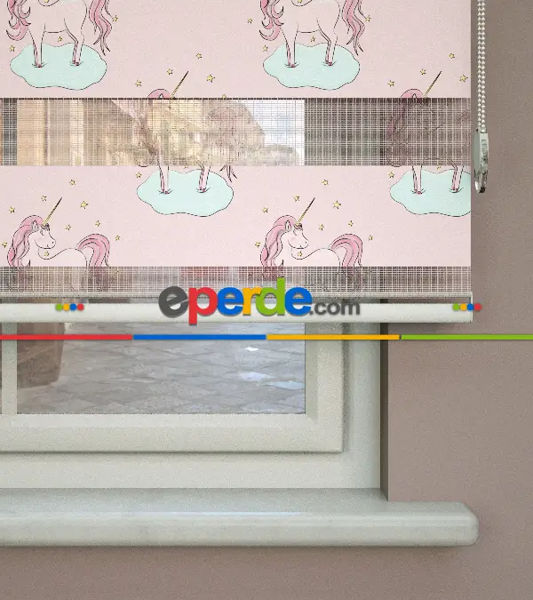 Unicorn Desenli Baskılı Zebra Perde- Çok Renkli