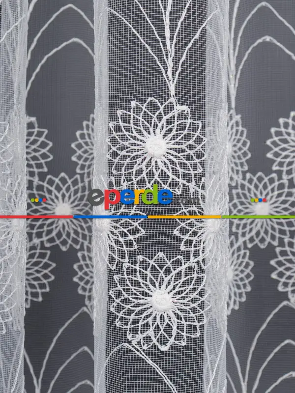 Şeritli Papatya Nakış İşlemeli Brode Tül Perde