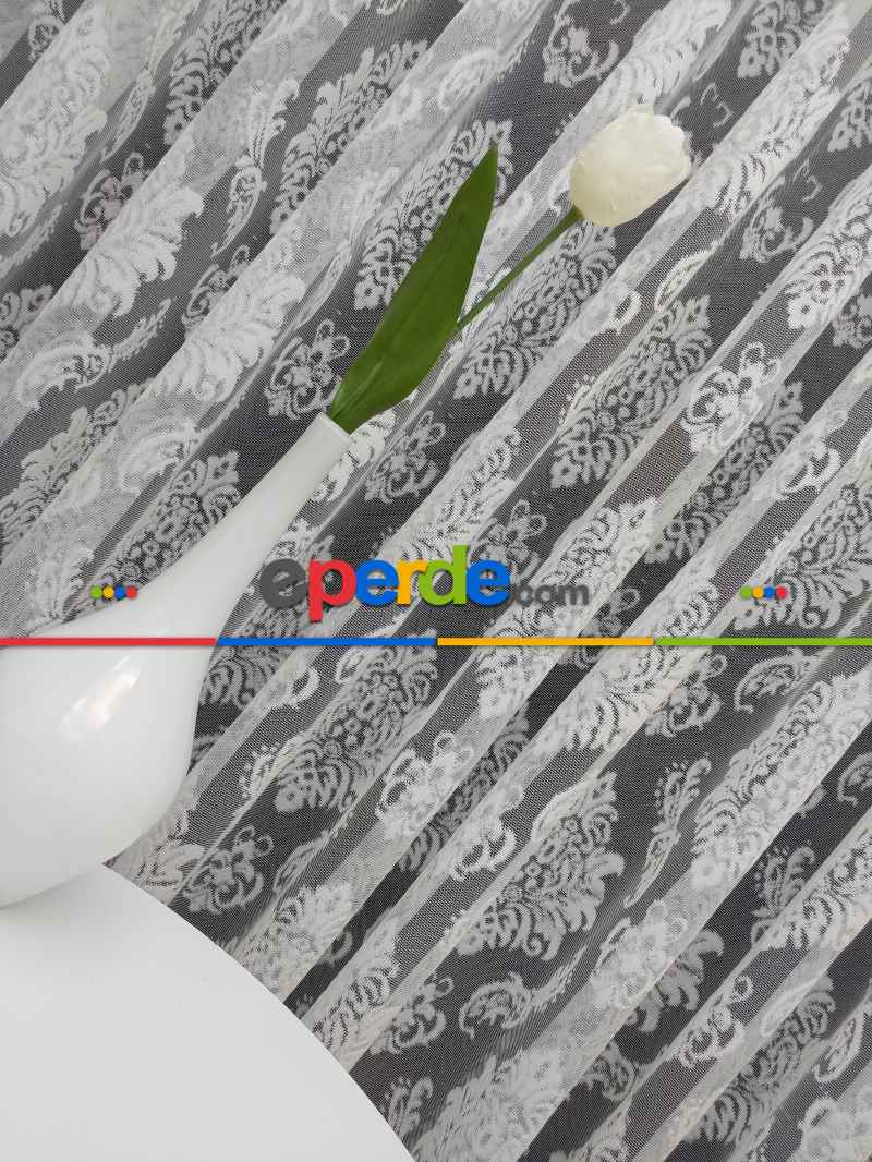 Salon Damask Desenli Örme Kdk Tül Perde %30 Ekstra İndirimli- Ekru