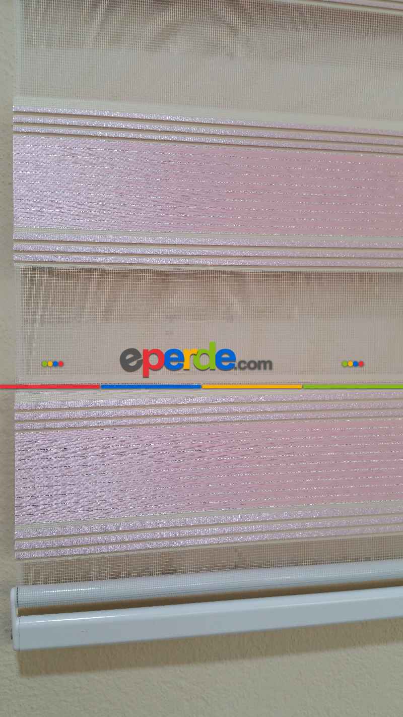 Mutfak - Pembe Plise Simli Zebra Perde- Pembe-gri Simli-ekru