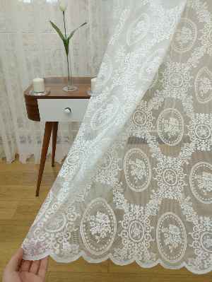 Damask Çiçek Desenli Özel Örme Dokulu Tül Perde- Ekru