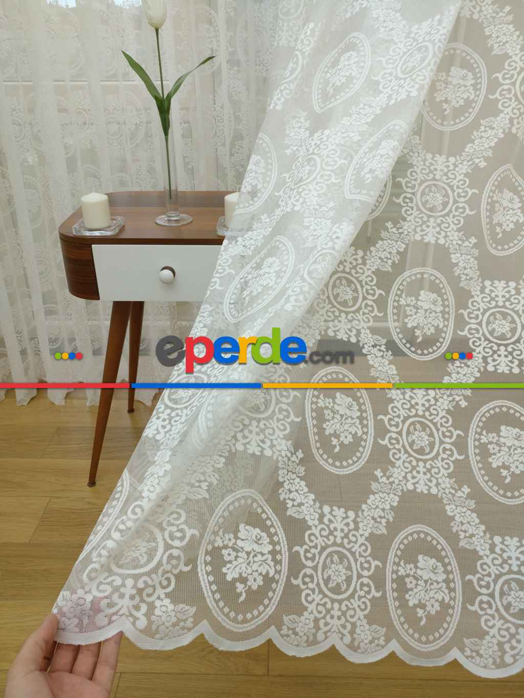 Damask Çiçek Desenli Özel Örme Dokulu Tül Perde- Ekru