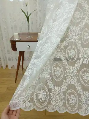 Damask Çiçek Desenli Özel Örme Dokulu Tül Perde- Ekru
