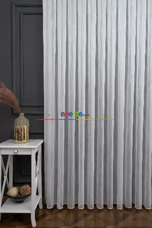 Ekru Çizgili Düz Tül Perde ( Ütü İstemez)