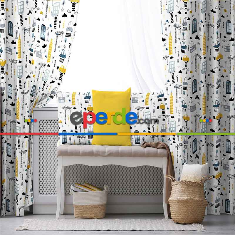 Erkek Çocuk ve Bebek Odası Fon Perde - Desenli - Gri Sarı