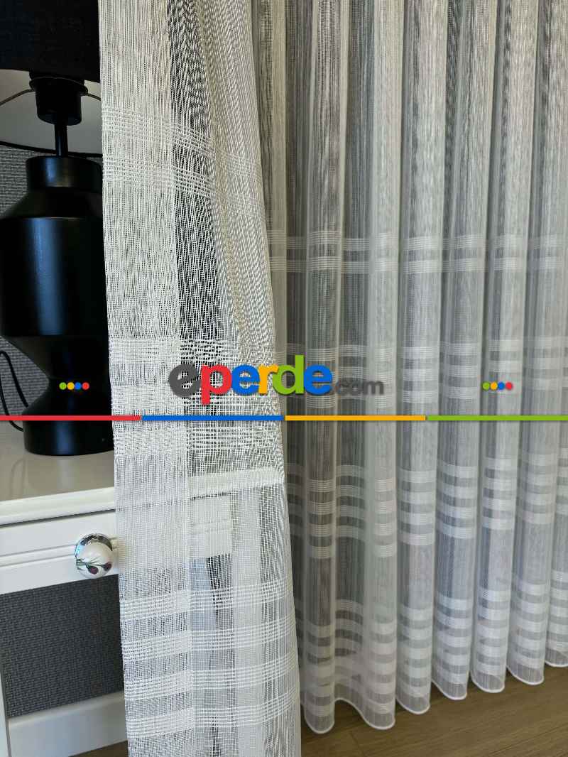 Zincir Çizgili Tül Perde Ekru Renk Kırık Beyaz- Ekru - Kurşunlu Tül