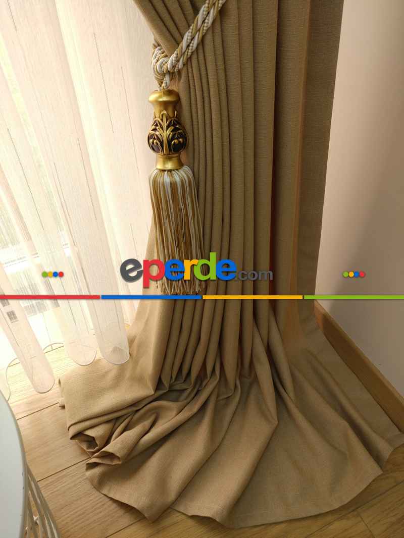 Yatak Odası - Keten Açık Be Rengi Düz Fon Perde- Taş Rengi