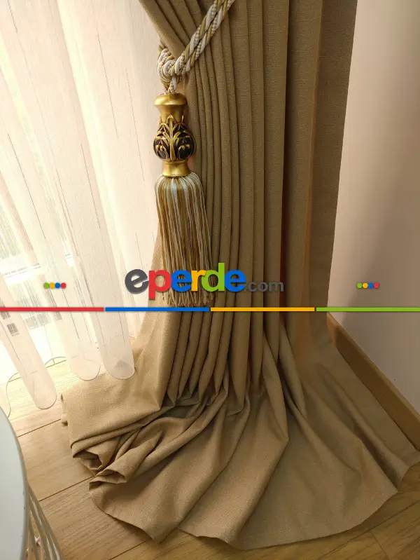 Salon Fon - Keten Açık Be Rengi Düz Fon Perde- Taş Rengi