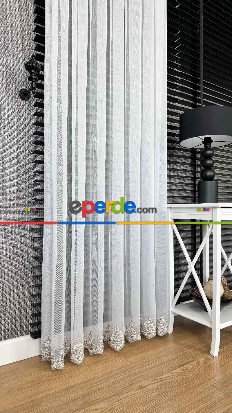 Yatak Odası Ekru Bej Etek Ucu Özel İplik Hafif Simli Damask Brode İşlemeli Tül Perde - Ağır Gramajlı Premium Nakışlı