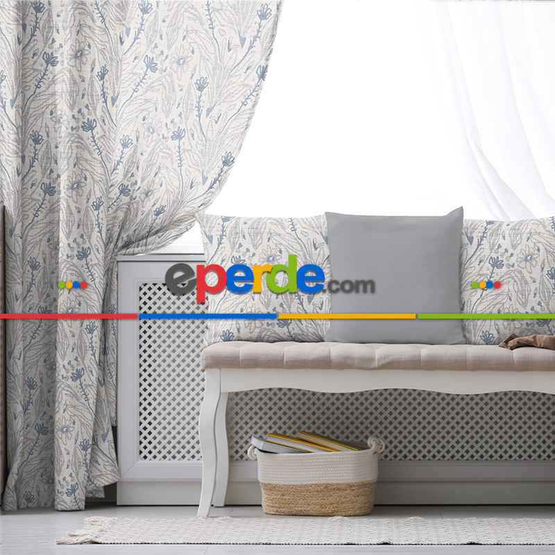 Oturma Odası Fon Perde Evim1598 Kumaşı Kalındır Duck Bezi Değildir- Mavi-beyaz