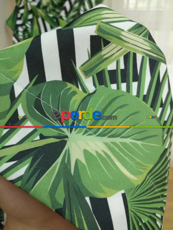 Tropikal Yaprak Desenli Fon Perde - Kumaşı Kalındır Duck Bezi Değildir- Siyah-Yeşil-Beyaz