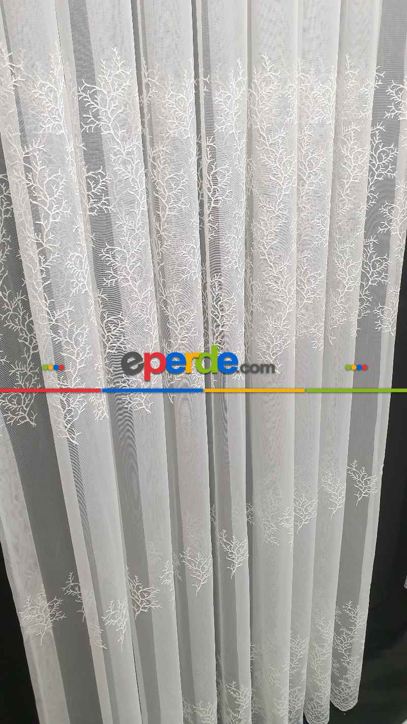 Oturma Odası - Sıra Dallar İşlemeli Sıra Desen Bambu Kırışmaz Ütü İstemez Tül