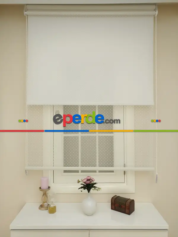 Jakar Örme Tül- Ekru Çiftli Sistem Dantel Desenli Perde- Ekru