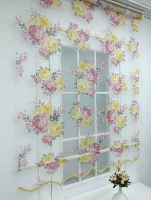 Sarı Pembe Çiçek Desenli Tül Stor Çiftli Sistem Perde- Sarı-pembe