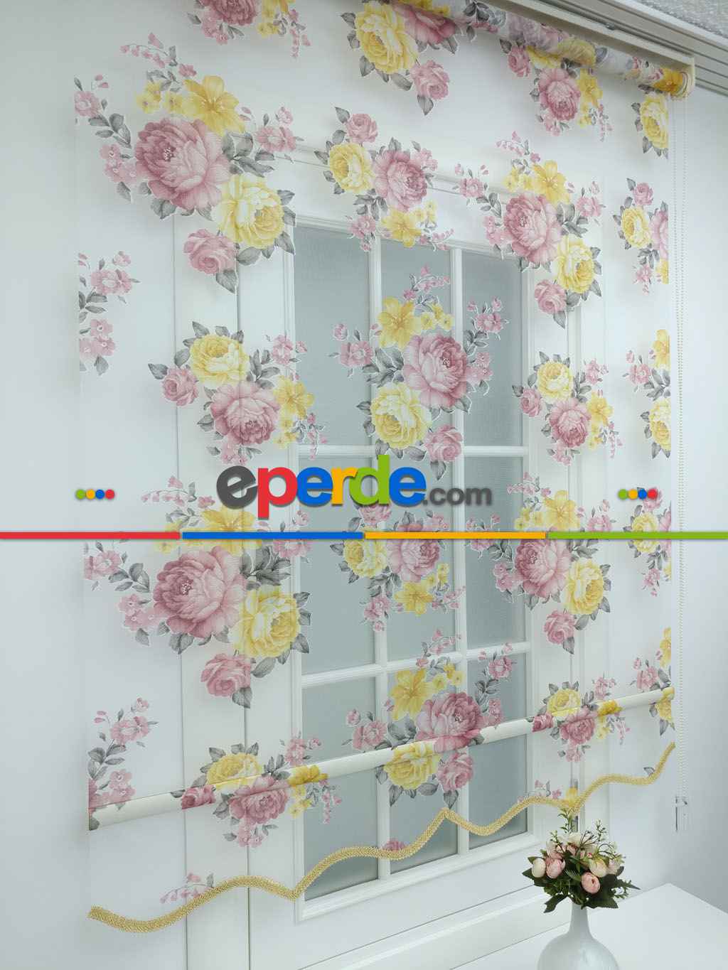 Sarı Pembe Çiçek Desenli Tül Stor Çiftli Sistem Perde- Sarı-pembe