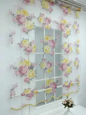 Sarı Pembe Çiçek Desenli Tül Stor Çiftli Sistem Perde- Sarı-pembe
