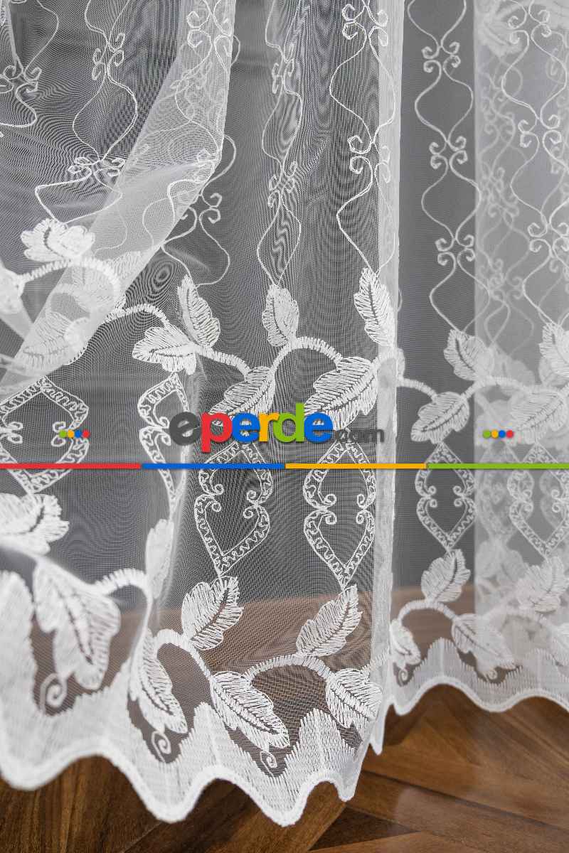 Mutfak Brode Yaprak Desen Tül Perde İşleme Tasarım Model Yeni Tül
