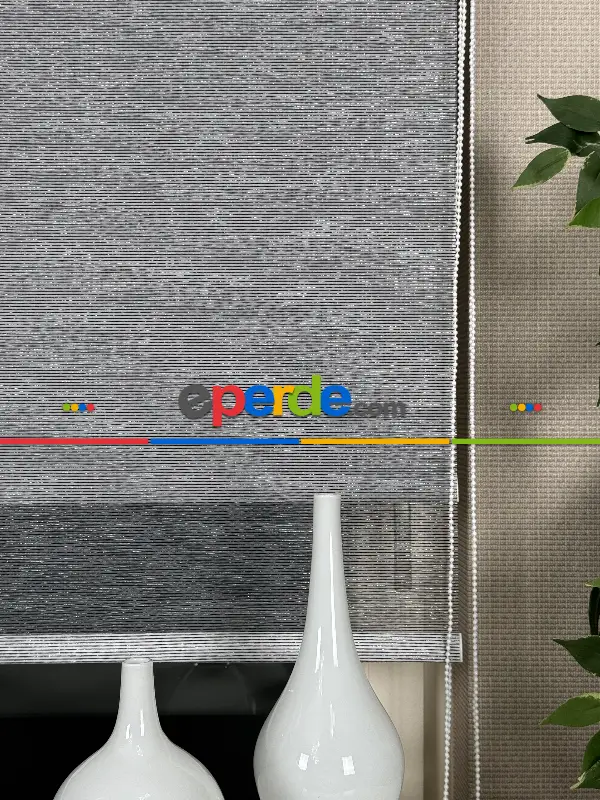 Gri Antrasit Simli Çiftli Sistem Tül Stor Perde, Standart Metal Kasalı Yüksek Kalite Kornişe Kolay Montaj Seçenekli