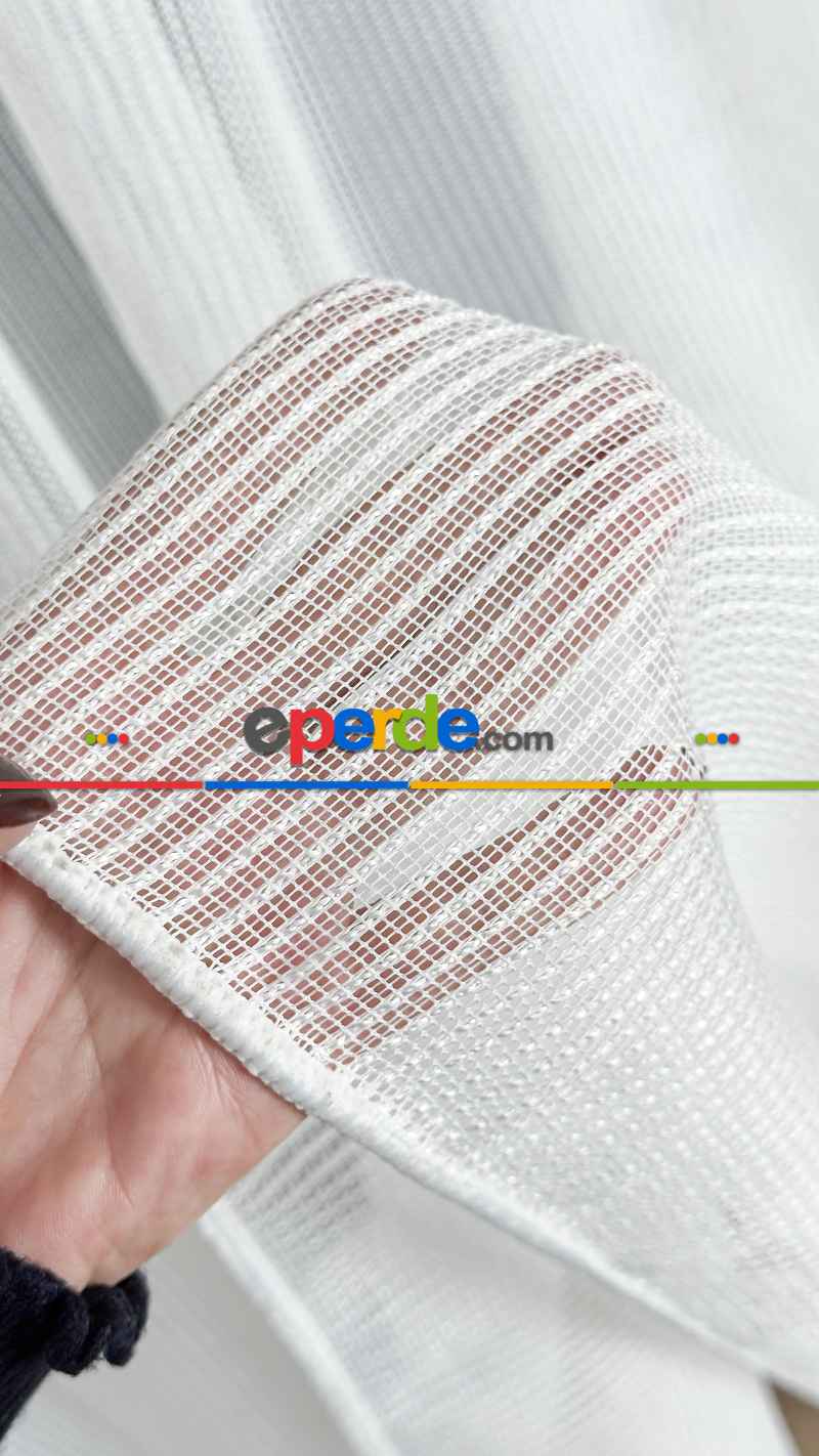 Exculusive Ekru Simli Çizgili Tül Perde Stripe