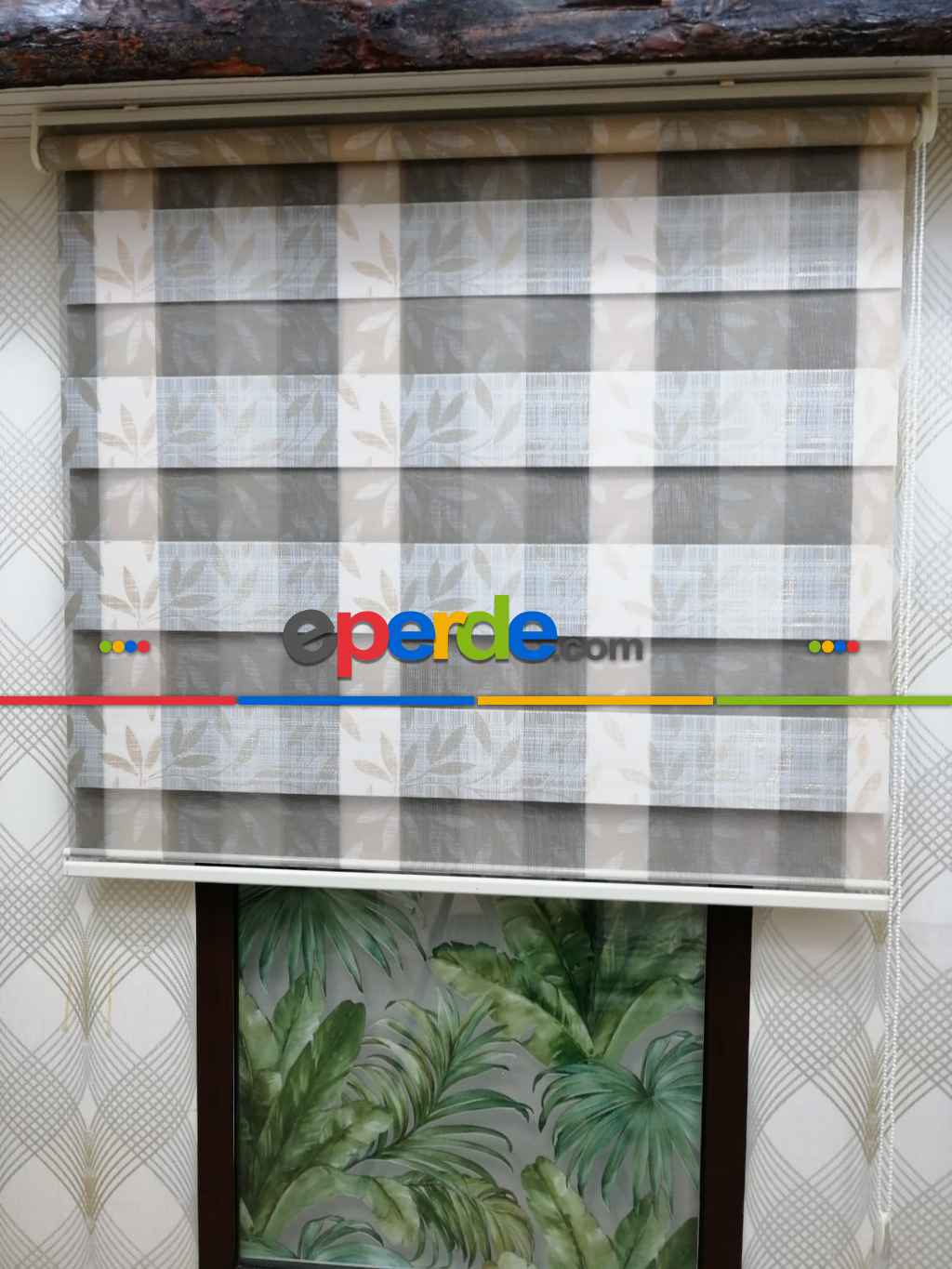 Yaprak Desenli Zebra Perde, Gri Krem