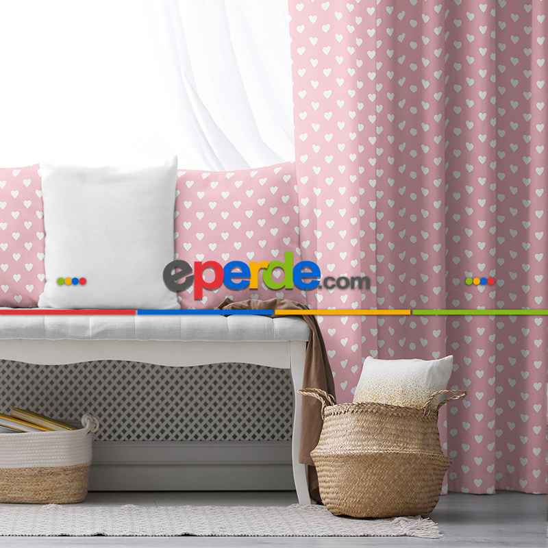 Kız Bebek Odası Fon Perde - Pembe Beyaz - Kalp Desenli