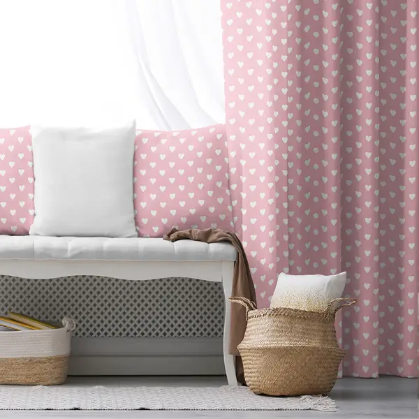Kız Bebek Odası Fon Perde - Pembe Beyaz - Kalp Desenli