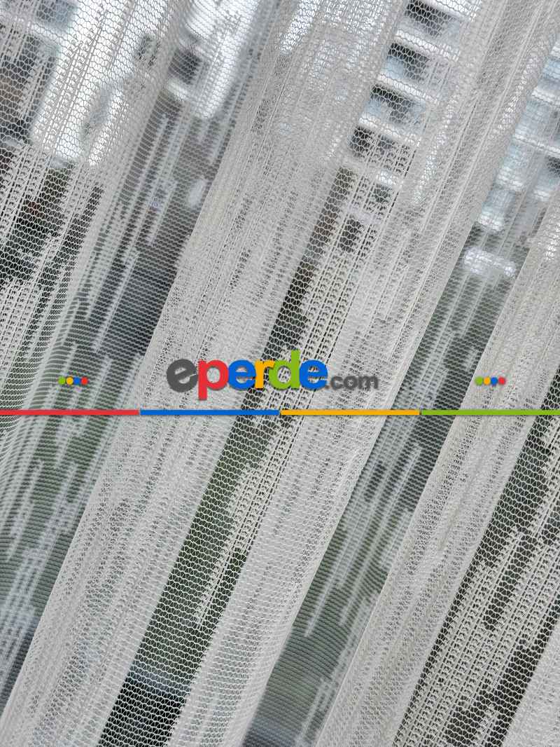 Ekru Çizgili Desenli Fransız Dantel Örme Tül Perde, Ütü İstemeyen Tül