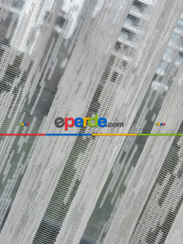 Ekru Çizgili Desenli Fransız Dantel Örme Tül Perde, Ütü İstemeyen Tül