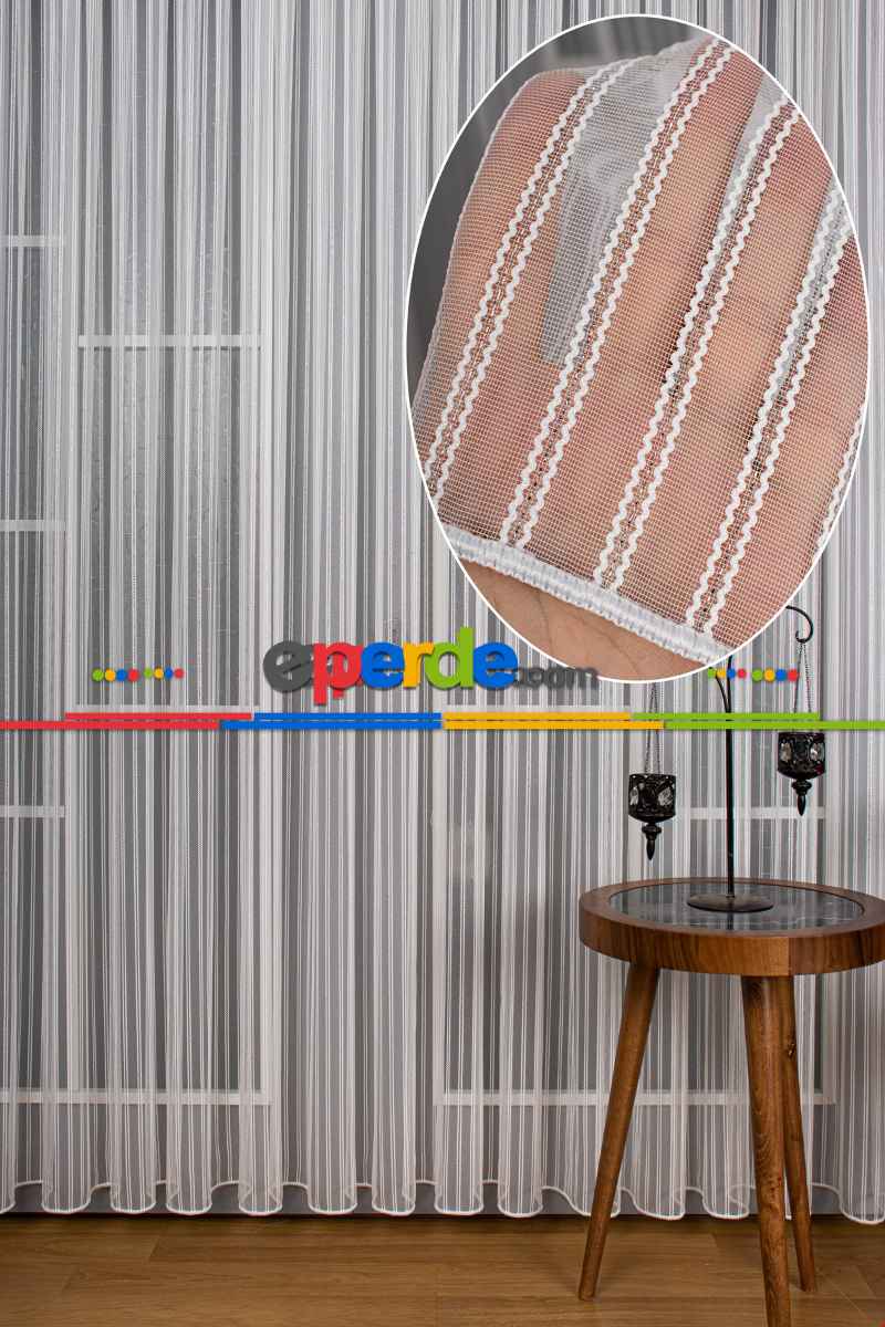 Salon Tül Perde - Modern Simli Düz Çizgili Makarna Desen Tül 1:kalite