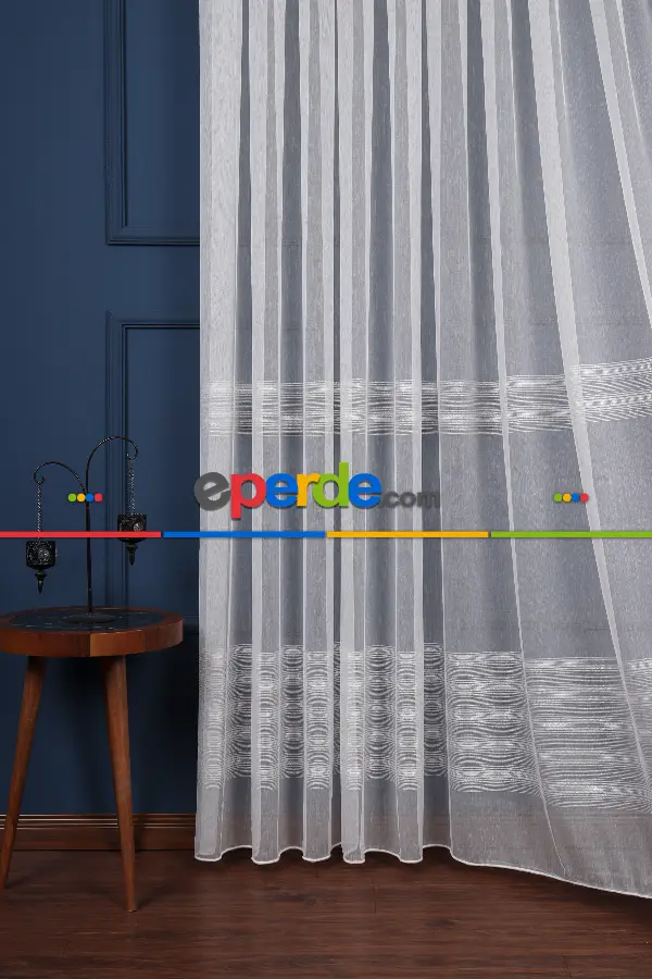 Enine Bantlı Simli Düz Tül Perde Ütü Istemez