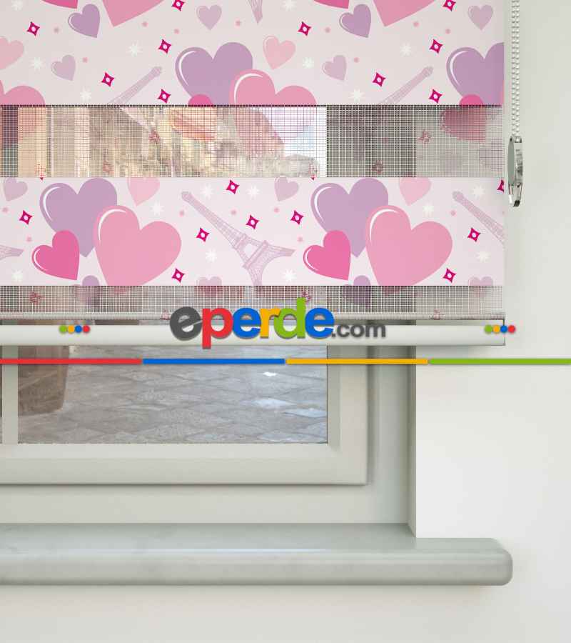 Çocuk Odası Zebra - Kalp Desenli Baskılı Zebra Perde- Pembe