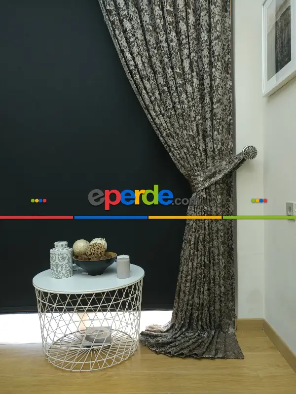 Krem Kahve Desenli Jakar Fon Perde - Kahve